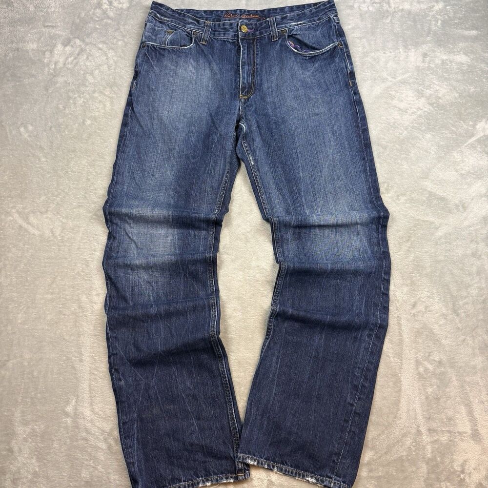 Robert Graham Jeans Mens 36 Blue Denim Straight Leg Designer Embroidered